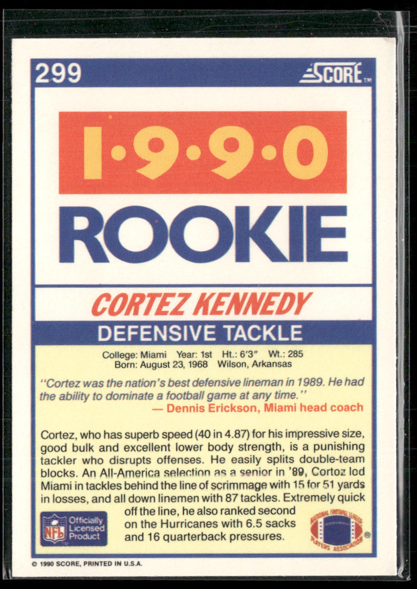 Cortez Kennedy 1990 Score #299 RC Miami Hurricanes