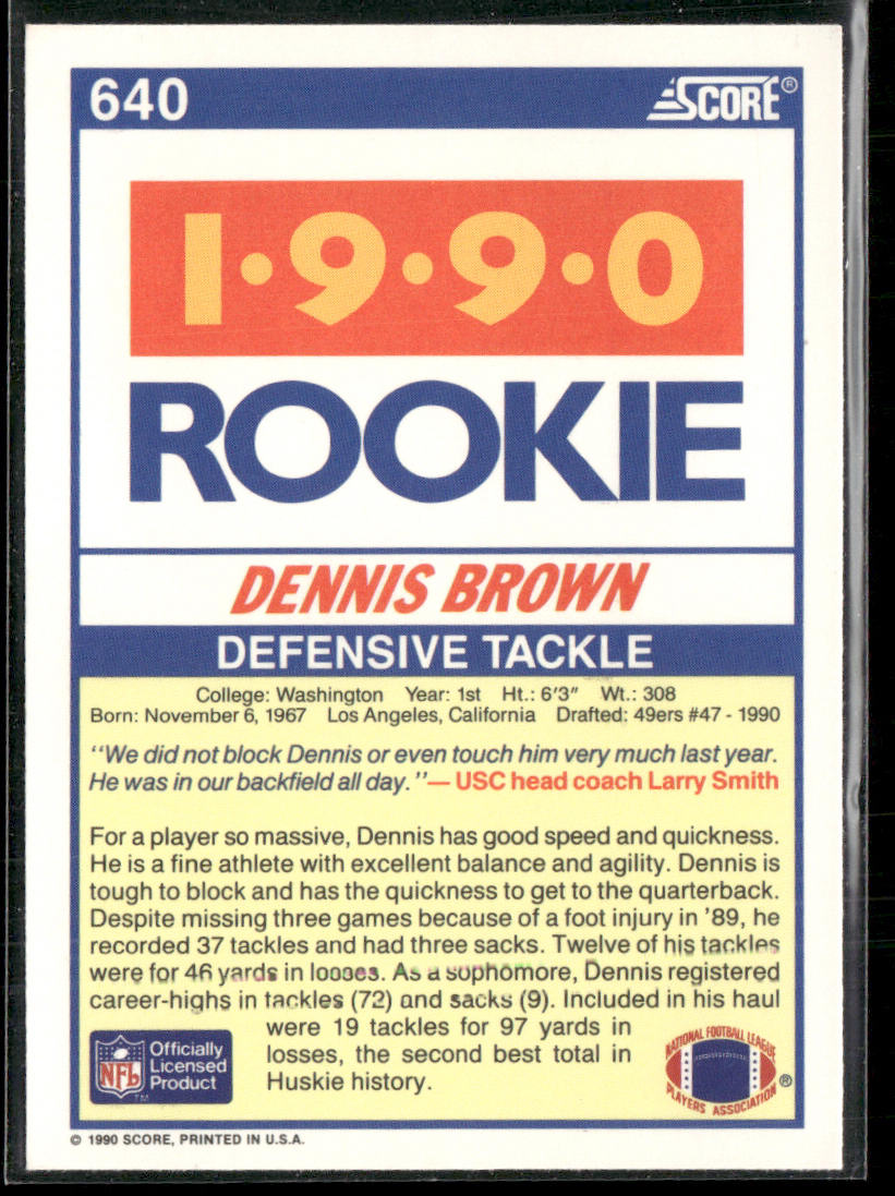 Dennis Brown 1990 Score #640 RC Washington Huskies