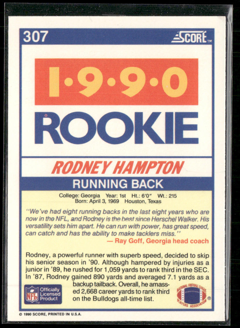Rodney Hampton 1990 Score #307 RC Georgia Bulldogs