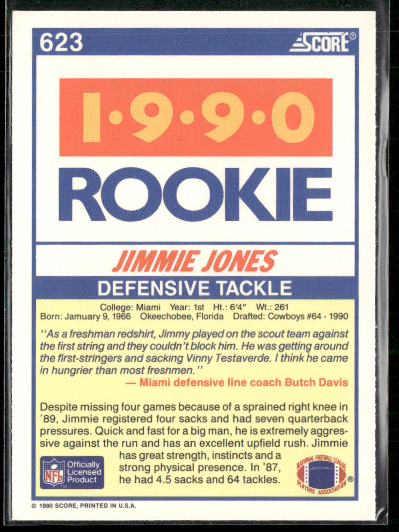 Jimmie Jones 1990 Score #623 RC Miami Hurricanes