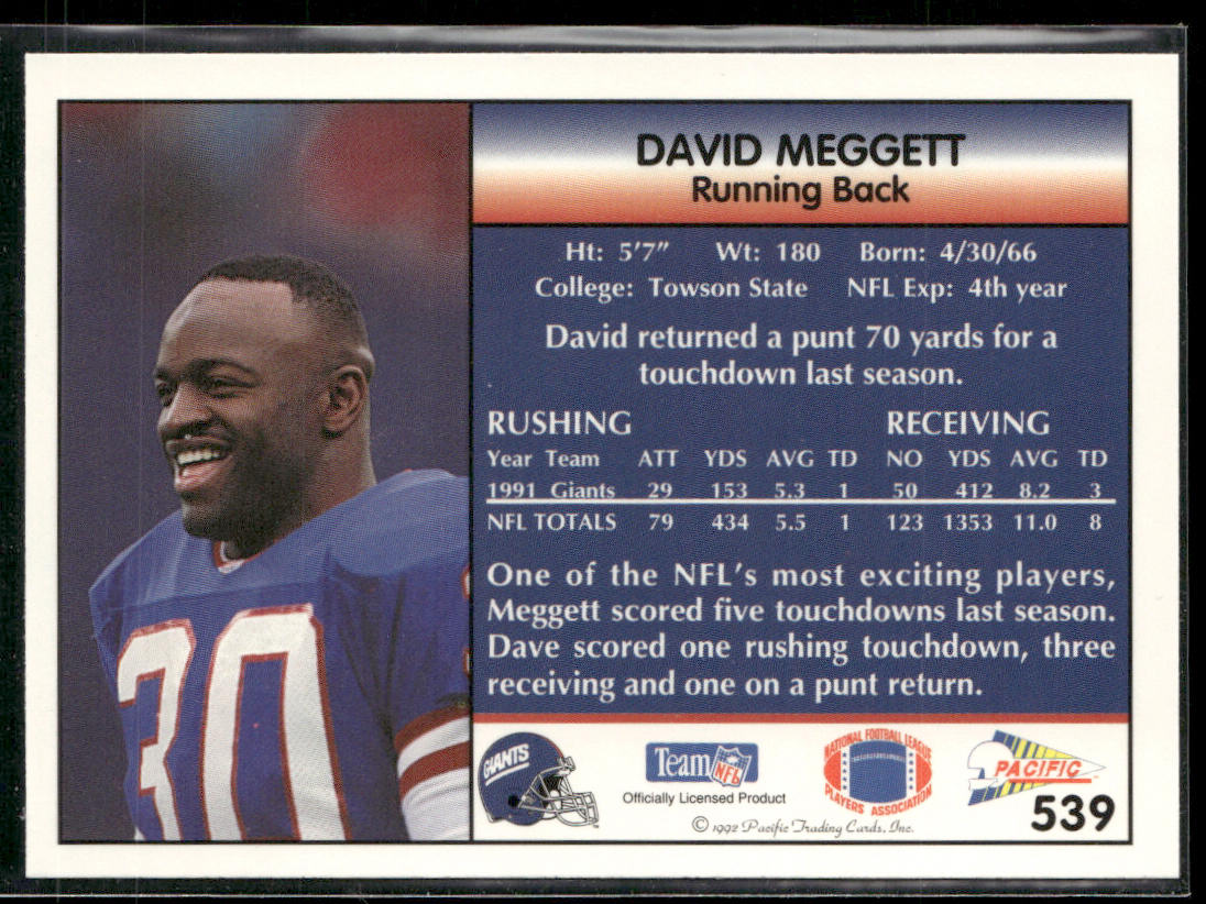 David Meggett 1992 Pacific #539 New York Giants