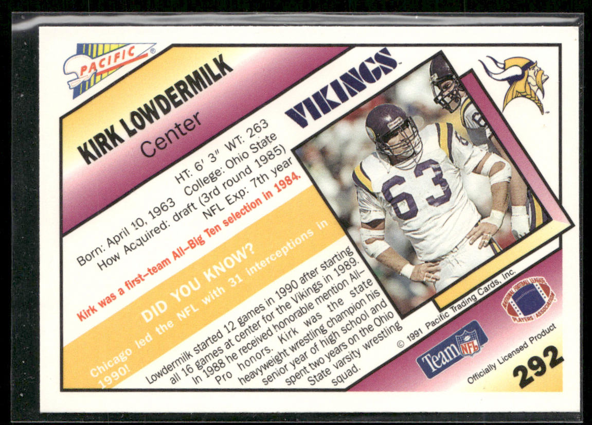 Kirk Lowdermilk 1991 Pacific #292 Minnesota Vikings