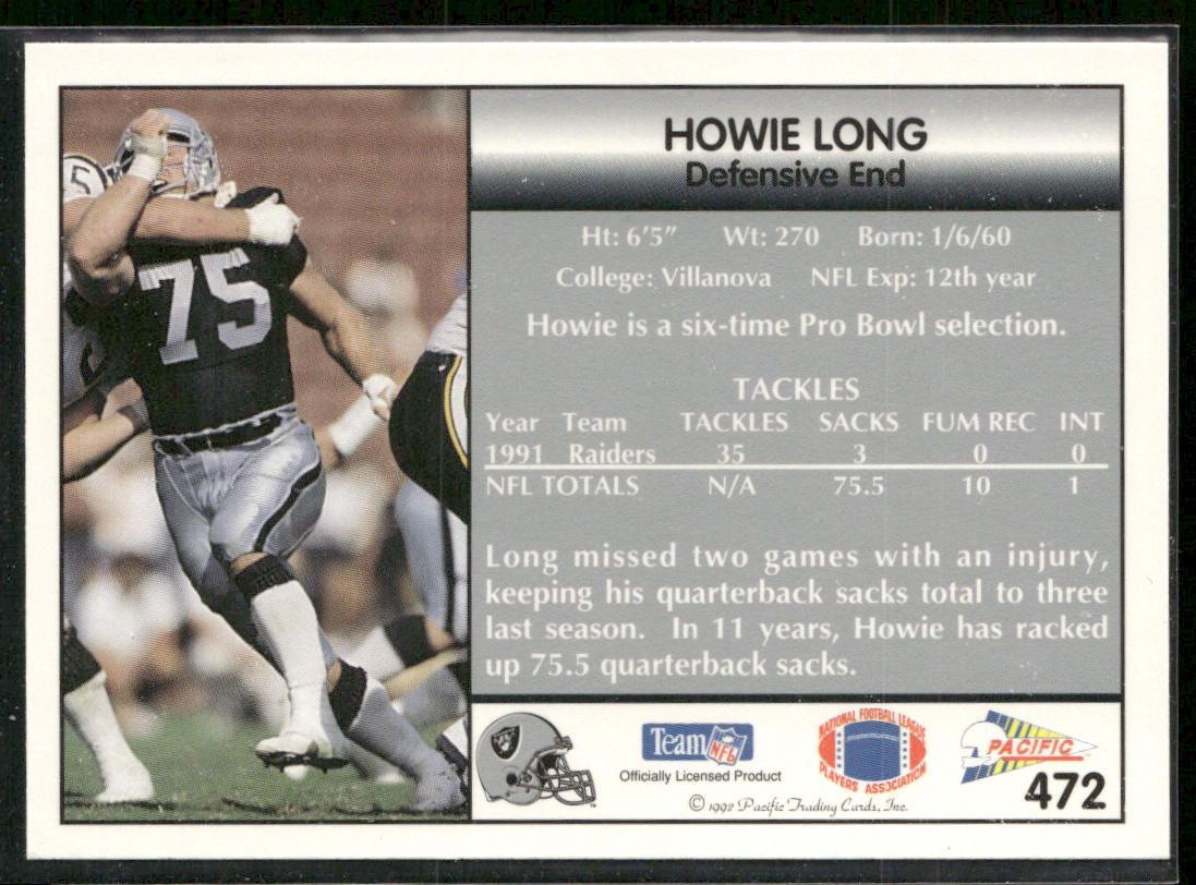 Howie Long 1992 Pacific #472 Los Angeles Raiders