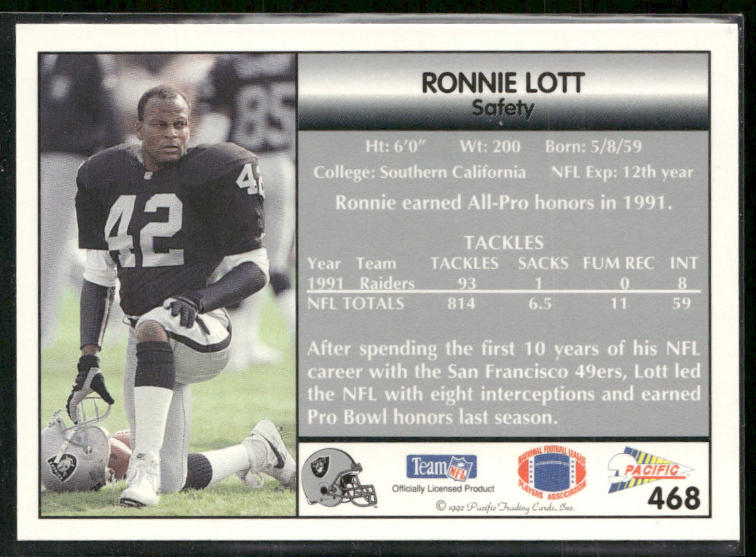 Ronnie Lott 1992 Pacific #468 Los Angeles Raiders