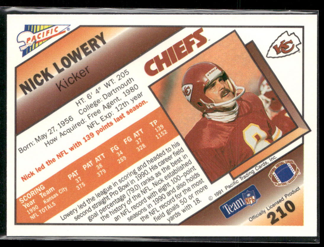 Nick Lowery 1991 Pacific #210 Kansas City Chiefs