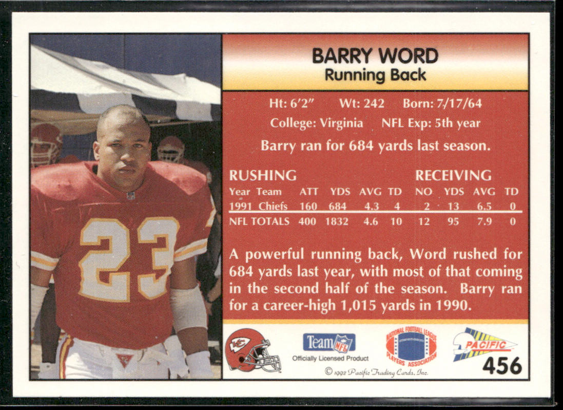 Barry Word 1992 Pacific #456 Kansas City Chiefs