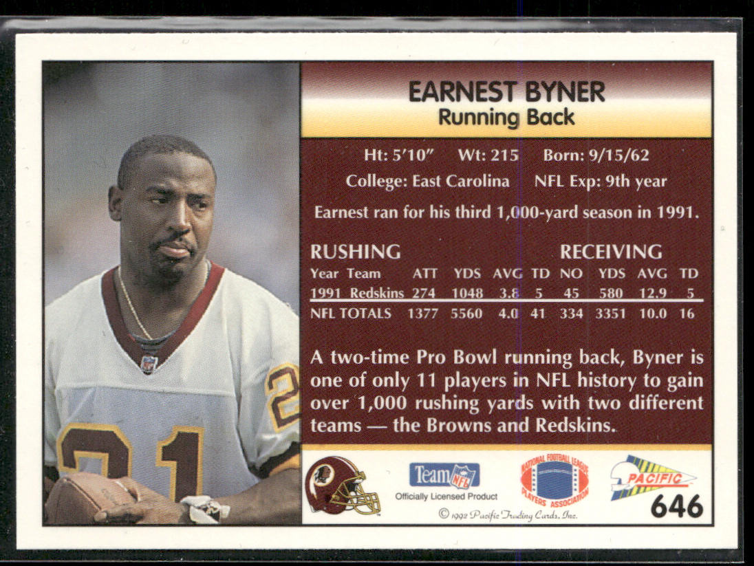 Earnest Byner 1992 Pacific #646 Washington Redskins