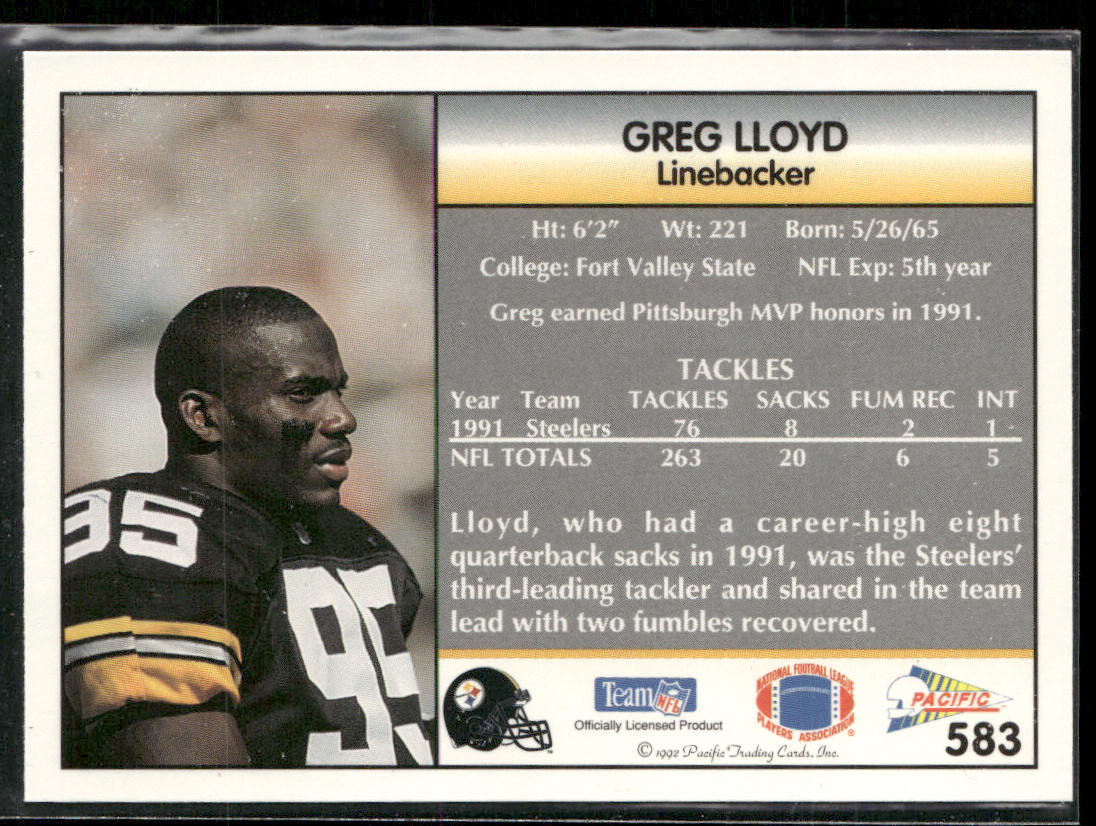 Greg Lloyd 1992 Pacific #583 Pittsburgh Steelers