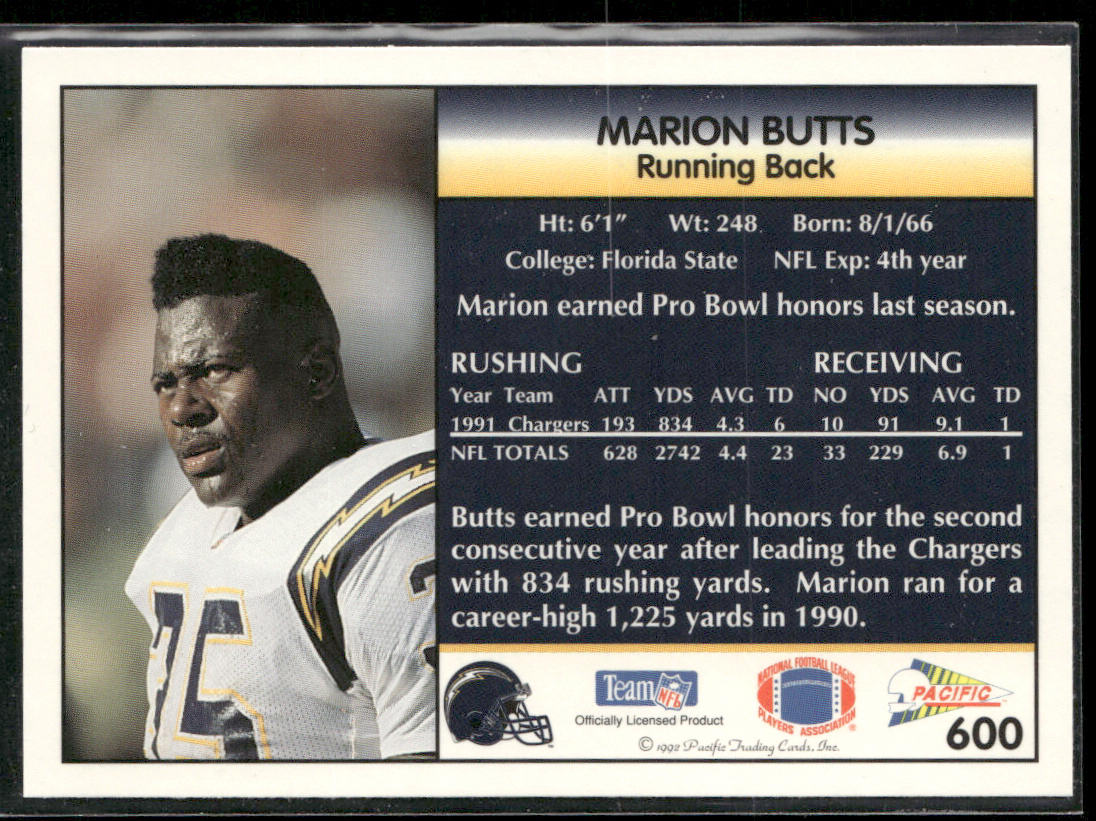 Marion Butts 1992 Pacific #600 San Diego Chargers