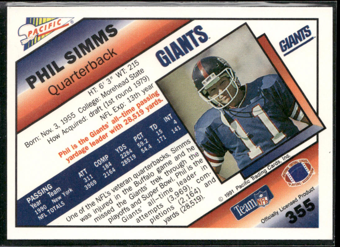 Phil Simms 1991 Pacific #355 New York Giants