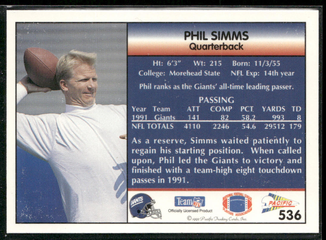 Phil Simms 1992 Pacific #536 New York Giants