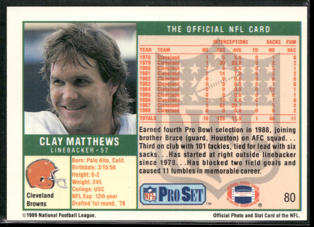 Clay Matthews 1989 Pro Set #80 Cleveland Browns