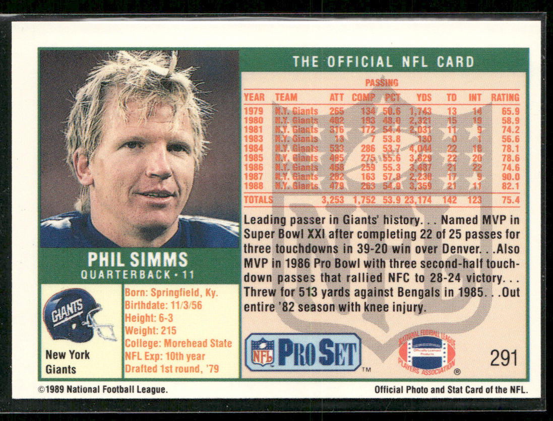 Phil Simms 1989 Pro Set #291 New York Giants