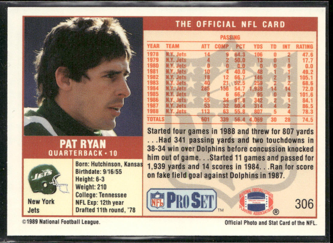 Pat Ryan 1989 Pro Set #306 New York Jets