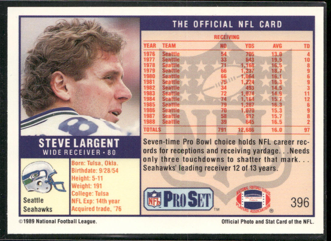 Steve Largent 1989 Pro Set #396 Seattle Seahawks