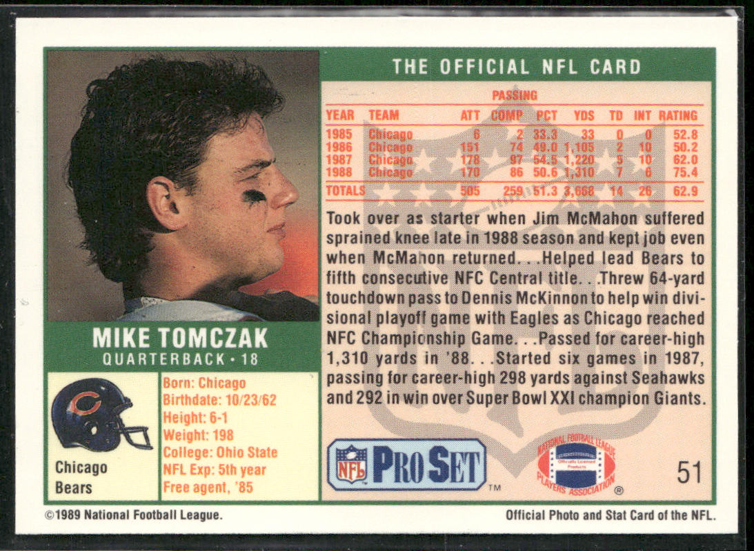 Mike Tomczak 1989 Pro Set #51 Chicago Bears