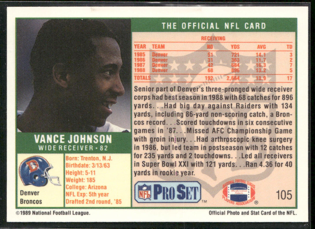 Vance Johnson 1989 Pro Set #105 Denver Broncos