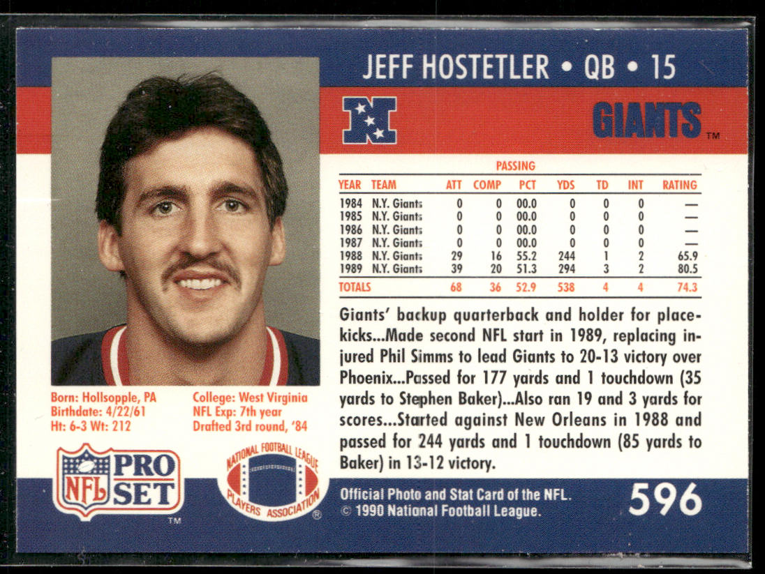 Jeff Hostetler 1990 Pro Set #596 RC New York Giants