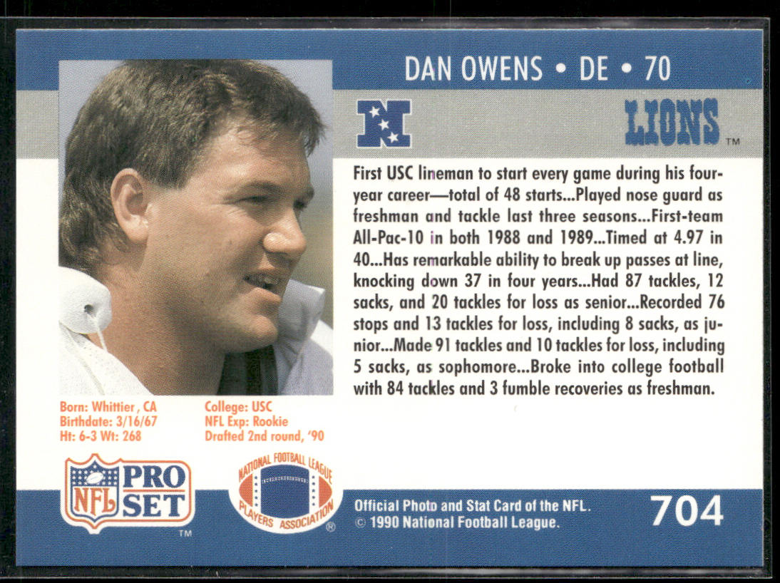 Dan Owens 1990 Pro Set #704 RC Detroit Lions