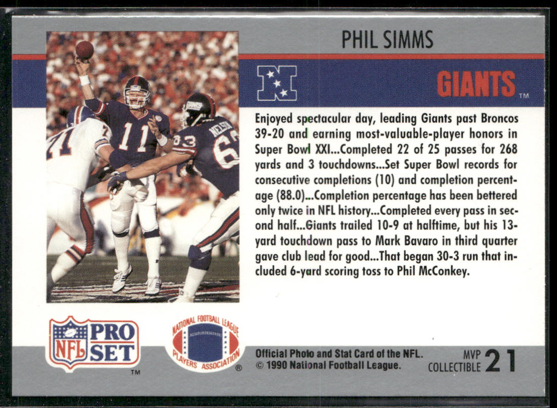 Phil Simms 1990 Pro Set Super Bowl MVP Collectibles #21 New York Giants
