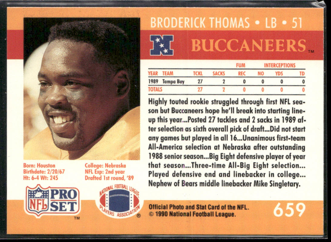 Broderick Thomas 1990 Pro Set #659 Tampa Bay Buccaneers