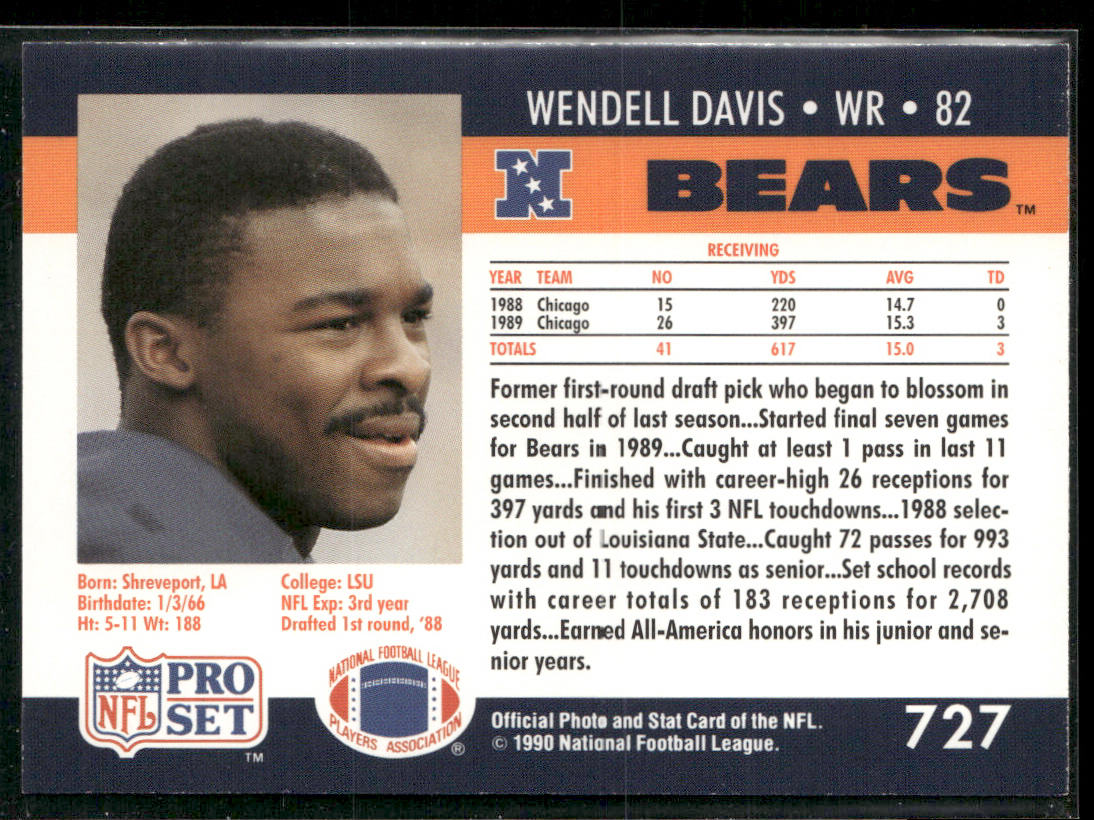 Wendell Davis 1990 Pro Set #727 RC Chicago Bears