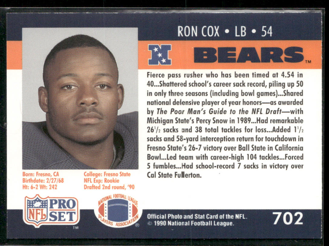 Ron Cox 1990 Pro Set #702 RC Chicago Bears