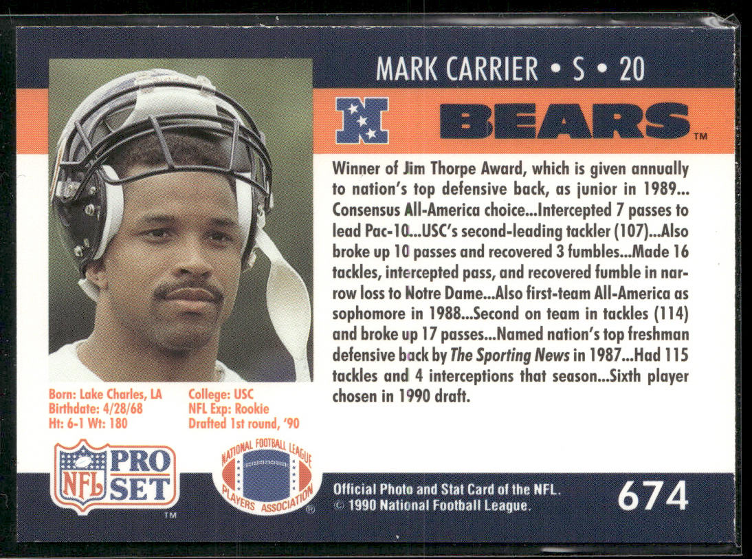 Mark Carrier 1990 Pro Set #674 RC Chicago Bears