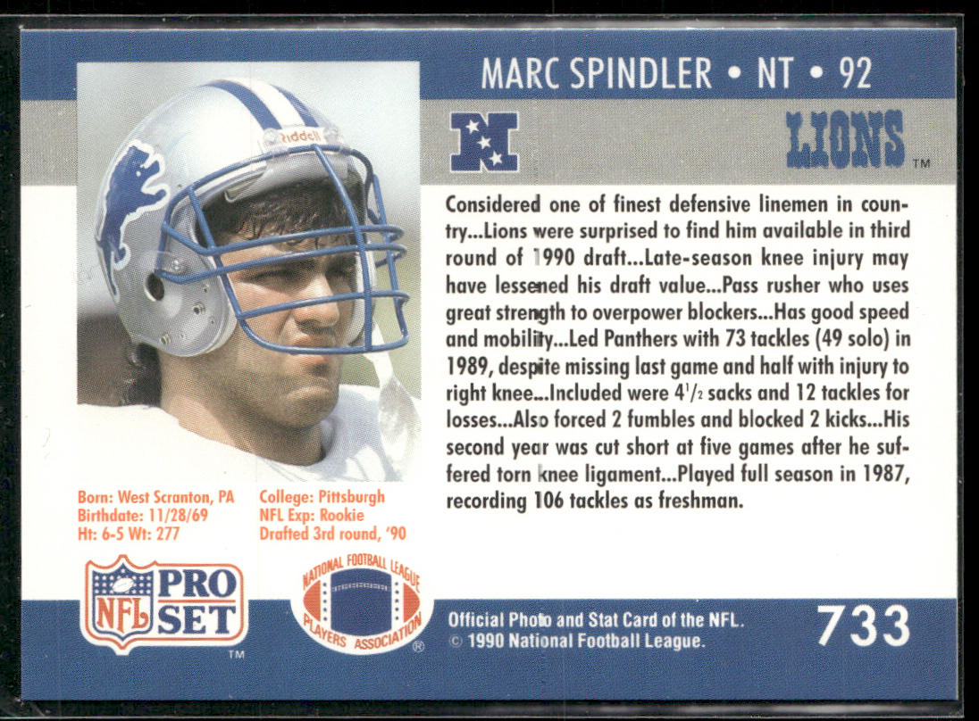 Marc Spindler 1990 Pro Set #733 RC Detroit Lions