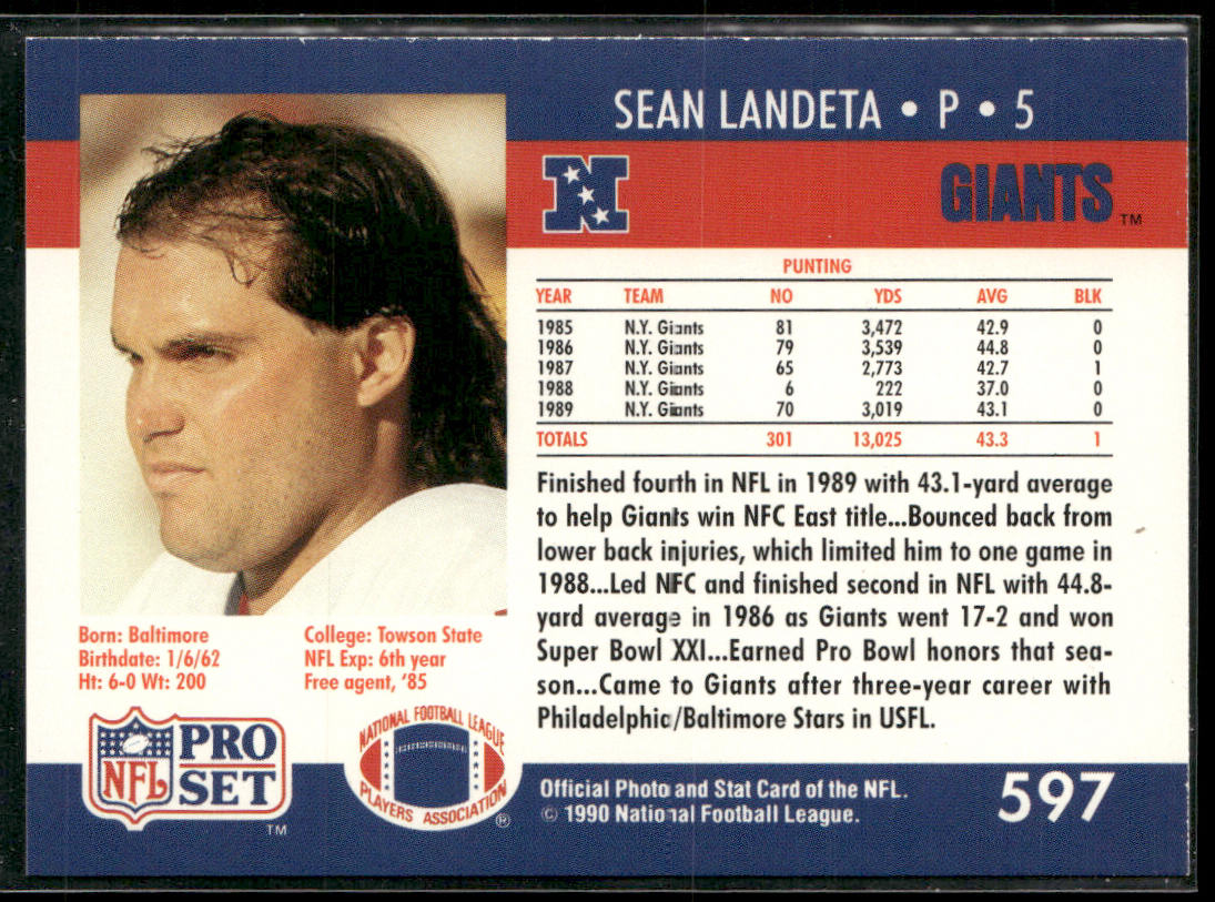 Sean Landeta 1990 Pro Set #597 New York Giants