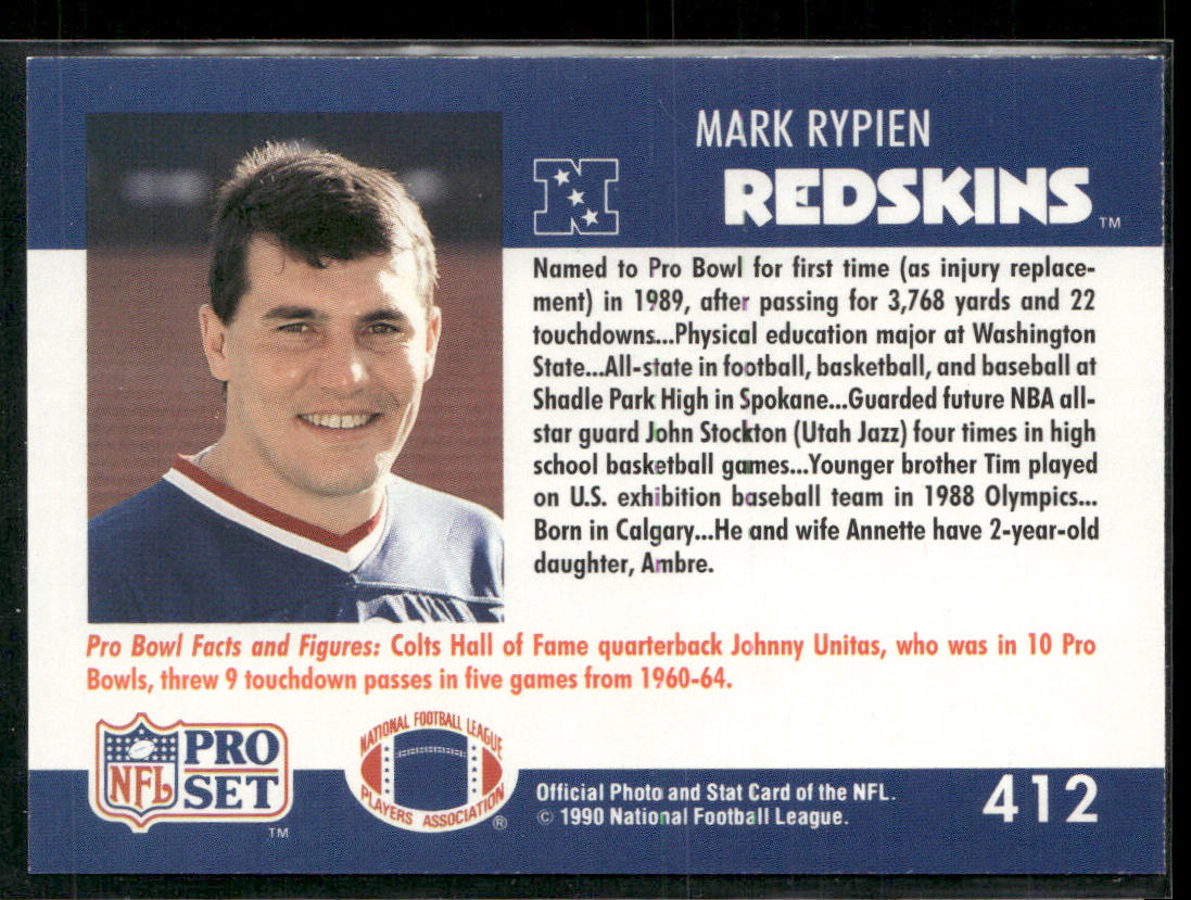 Mark Rypien 1990 Pro Set #412 Washington Redskins