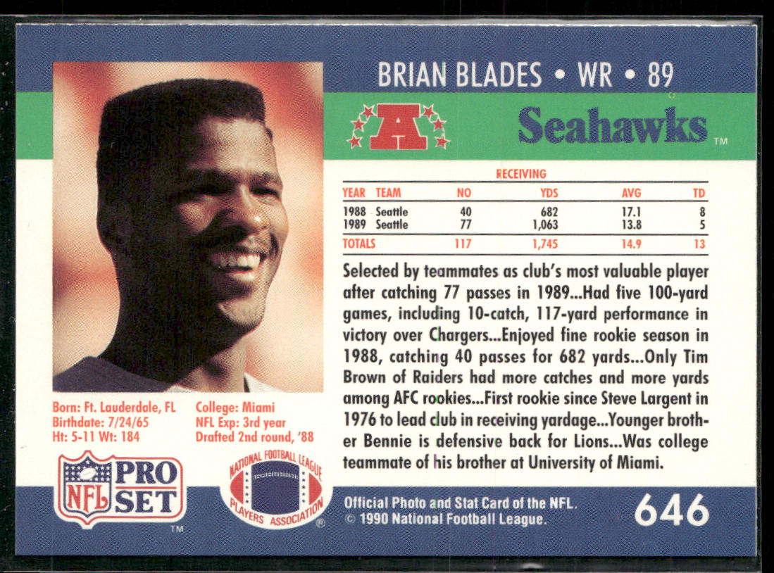 Brian Blades 1990 Pro Set #646 Seattle Seahawks