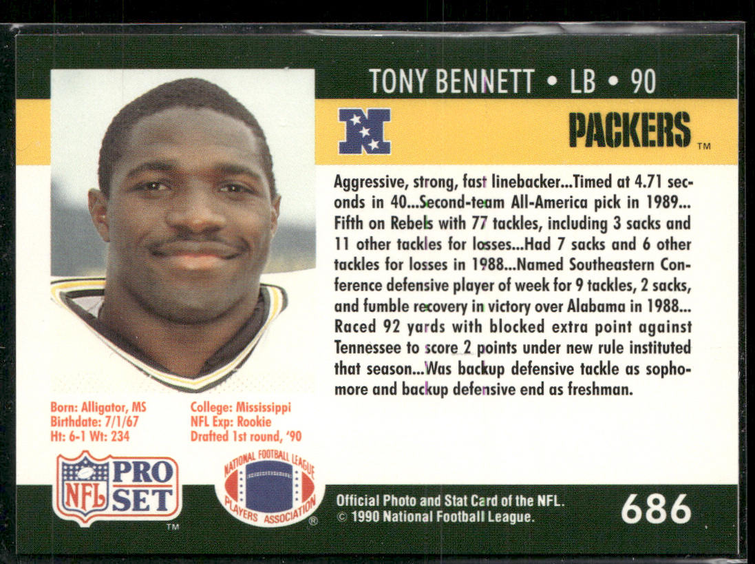 Tony Bennett 1990 Pro Set #686 RC Green Bay Packers