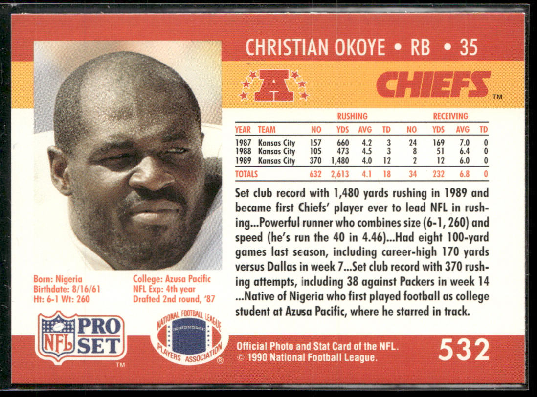 Christian Okoye 1990 Pro Set #532 Kansas City Chiefs