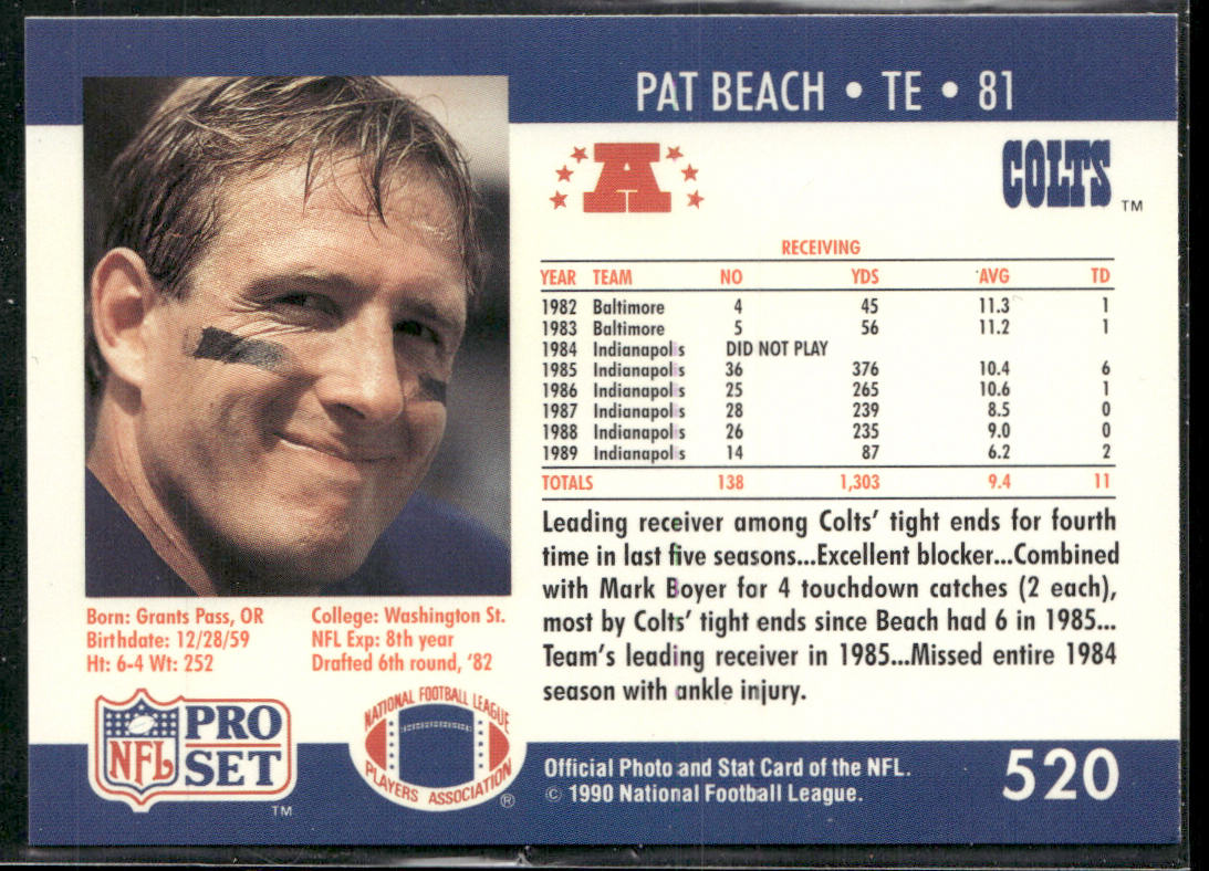 Pat Beach 1990 Pro Set #520 Indianapolis Colts