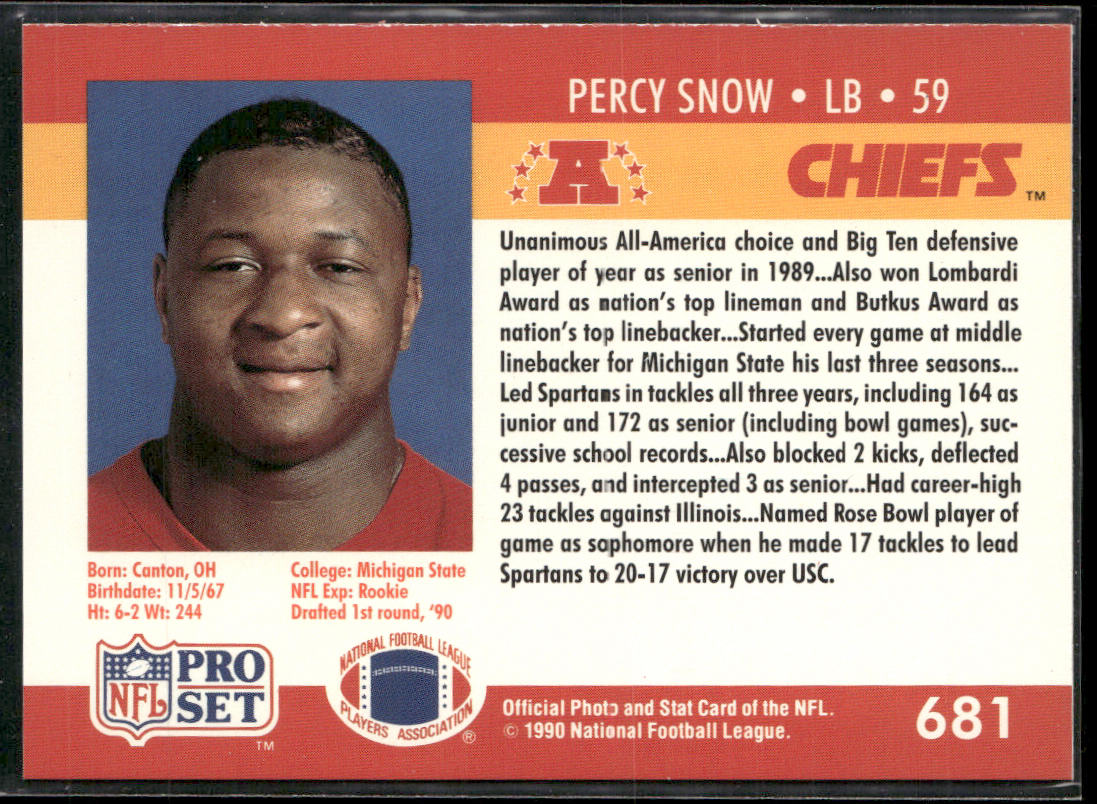 Percy Snow 1990 Pro Set #681 Kansas City Chiefs