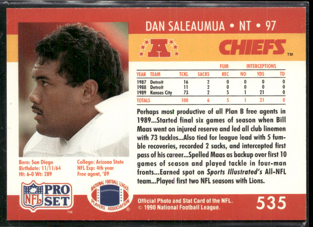 Dan Saleaumua 1990 Pro Set #535 RC Kansas City Chiefs