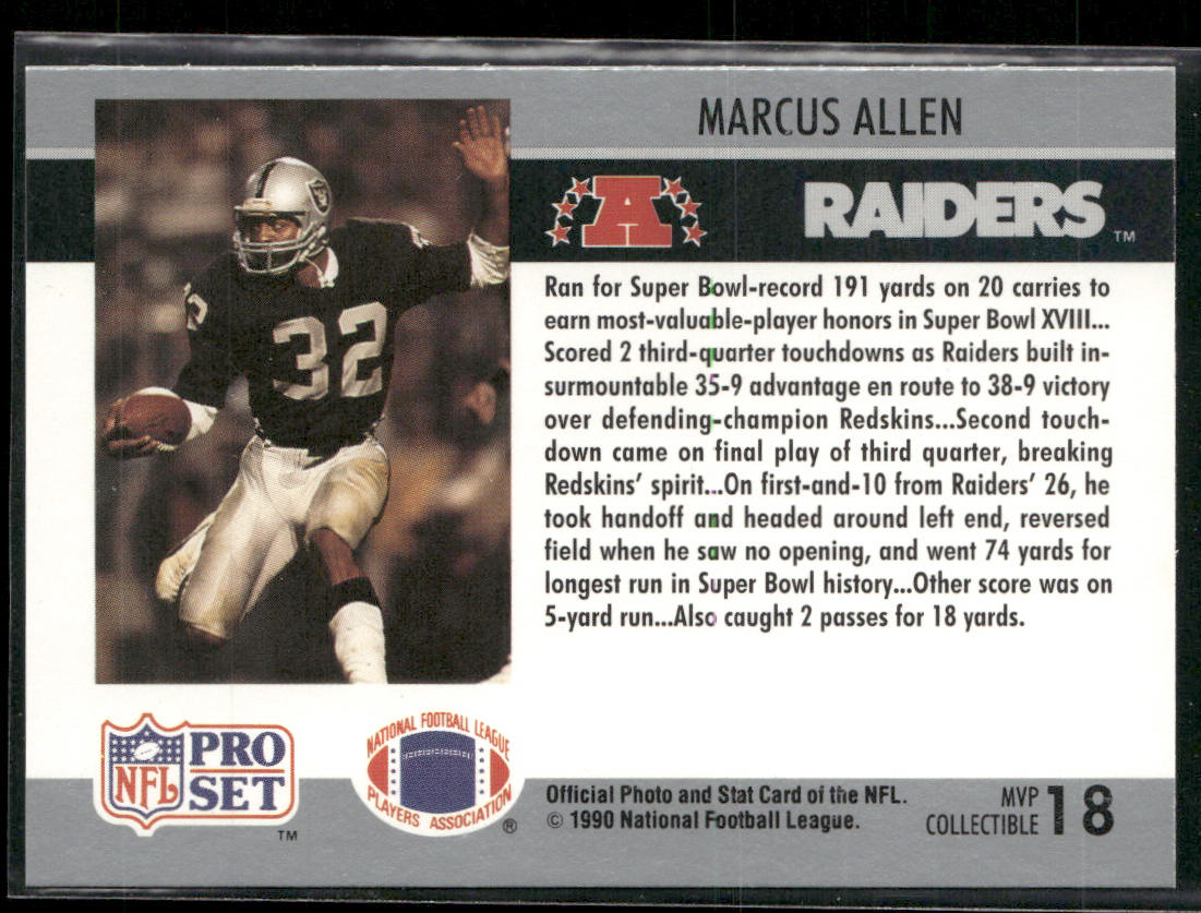 Marcus Allen 1990 Pro Set Super Bowl MVP Collectibles #18 Los Angeles Raiders