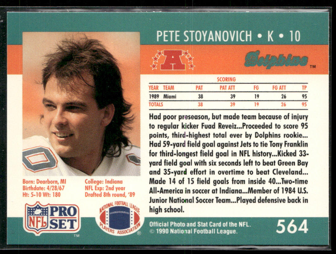 Pete Stoyanovich 1990 Pro Set #564 RC Miami Dolphins