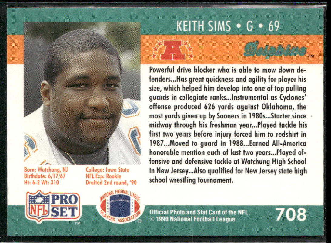 Keith Sims 1990 Pro Set #708 RC Miami Dolphins