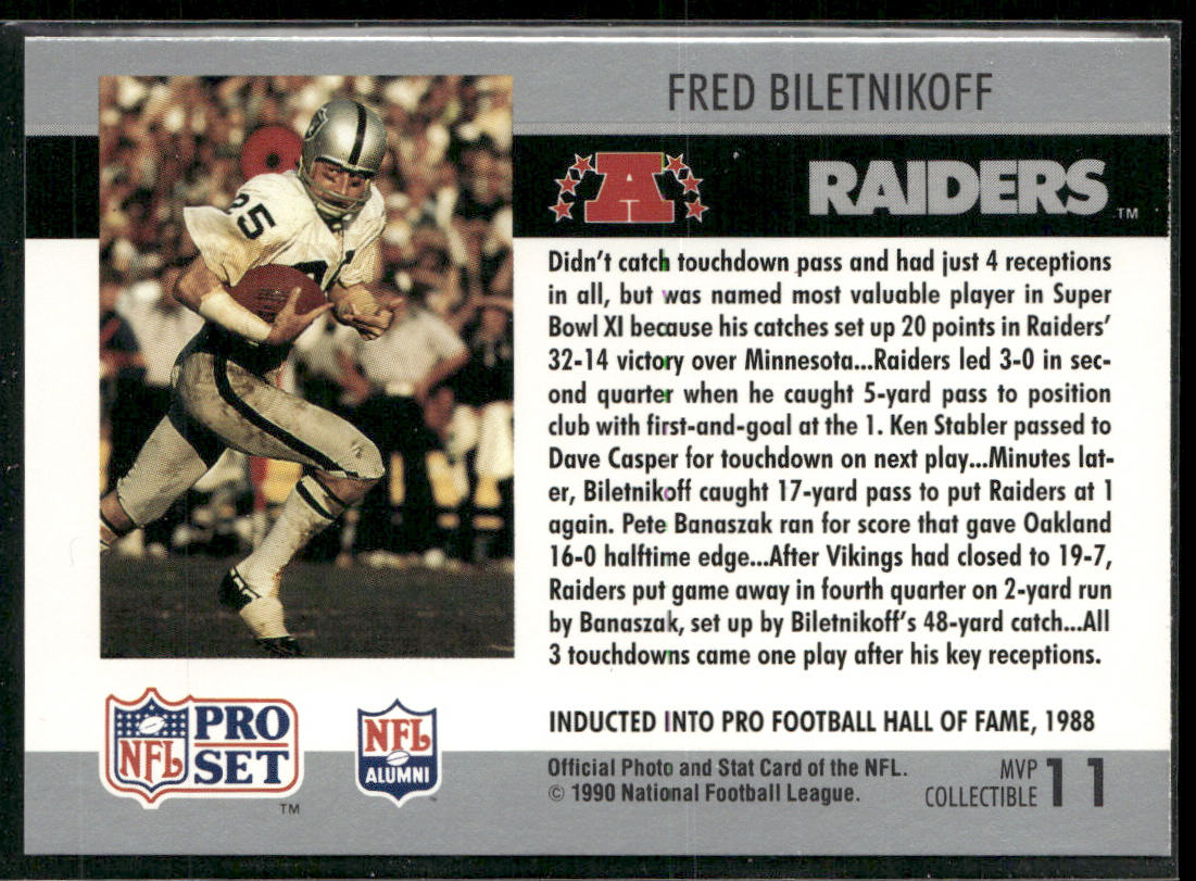Fred Biletnikoff 1990 Pro Set Super Bowl MVP Collectibles #11 Oakland Raiders