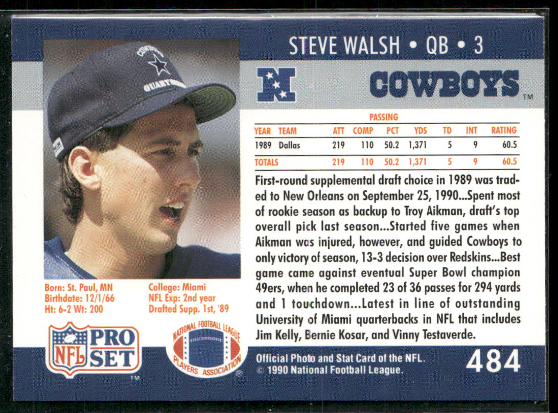 Steve Walsh 1990 Pro Set #484 New Orleans Saints