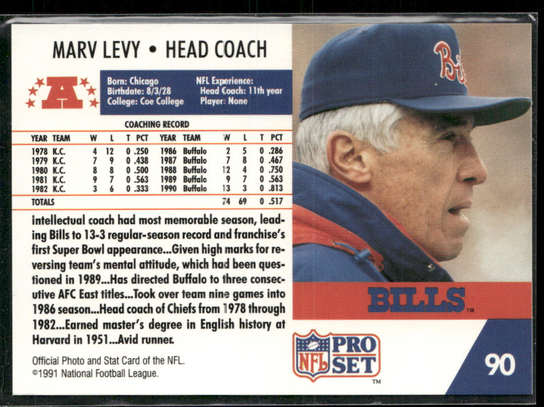 Marv Levy 1991-92 Pro Set Super Bowl XXVI Binder #90 Buffalo Bills