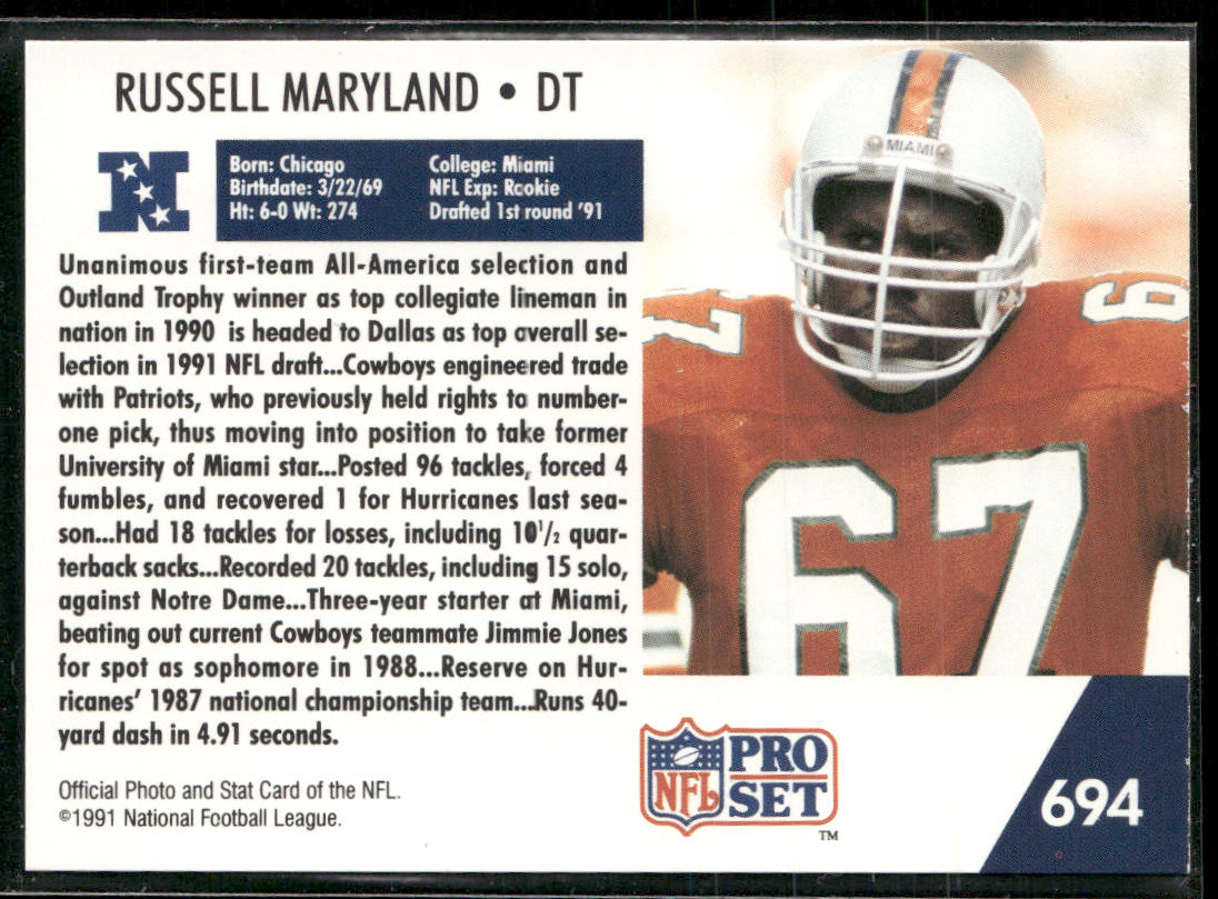 Russell Maryland 1991 Pro Set #694 RC Dallas Cowboys
