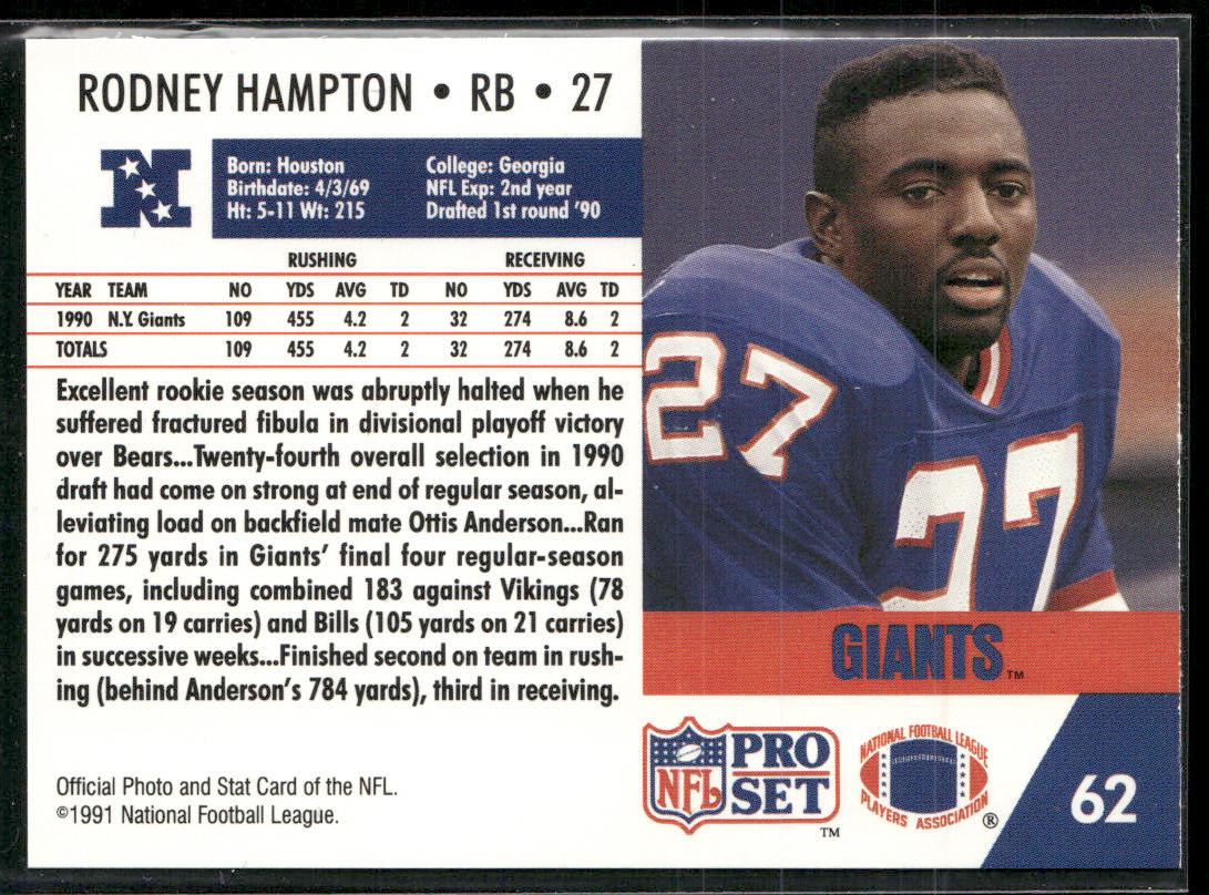 Rodney Hampton 1991 Pro Set #62 New York Giants