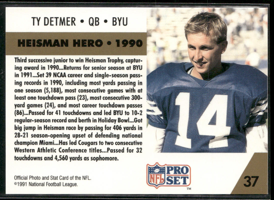 Ty Detmer 1991 Pro Set #37 RC BYU Cougars