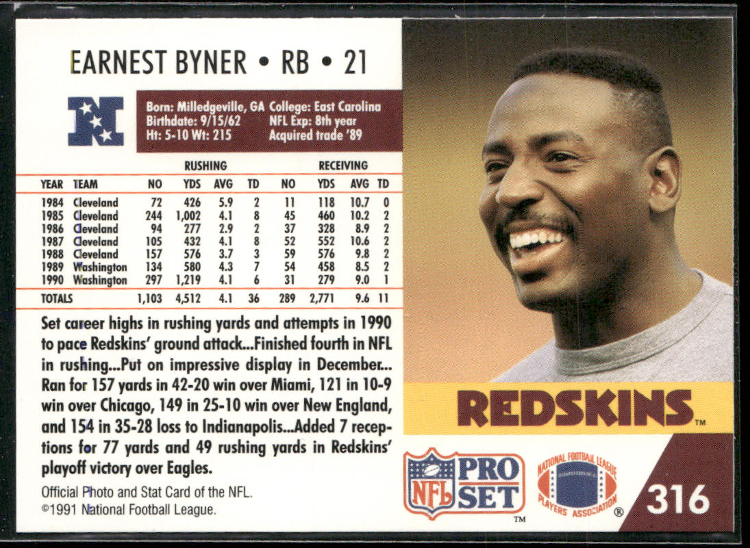 Earnest Byner 1991 Pro Set #316 Washington Redskins