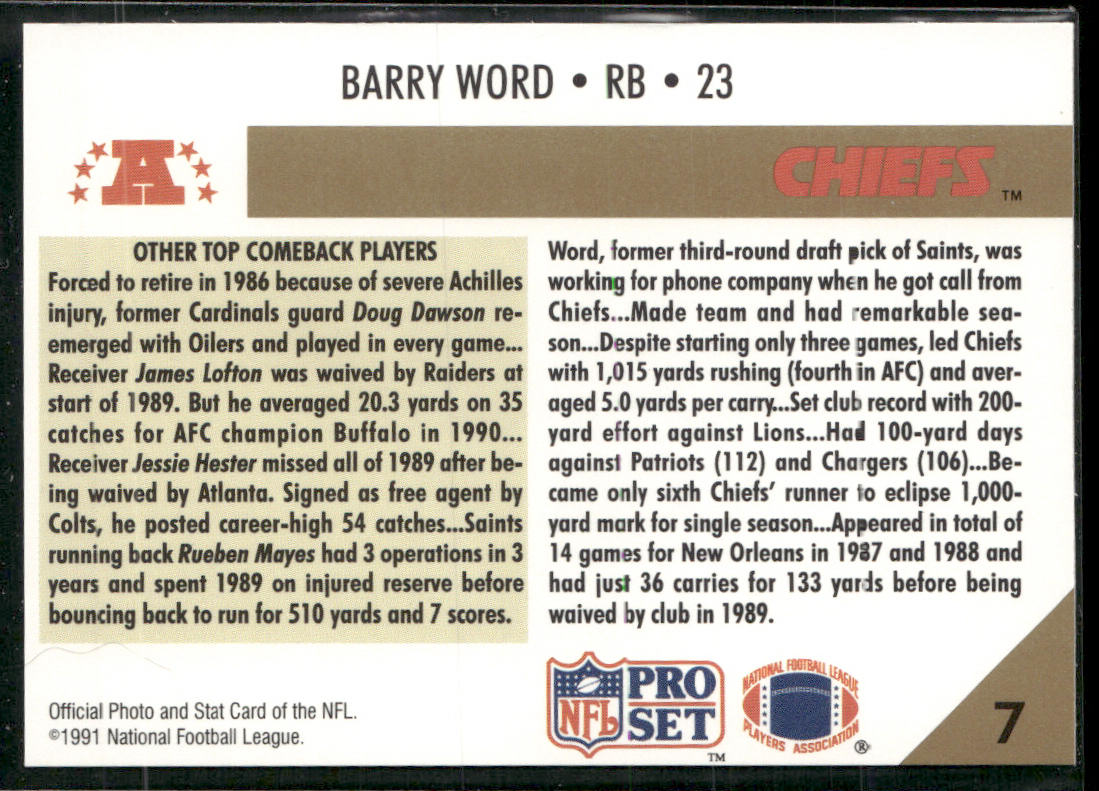 Barry Word 1991 Pro Set #7 Kansas City Chiefs