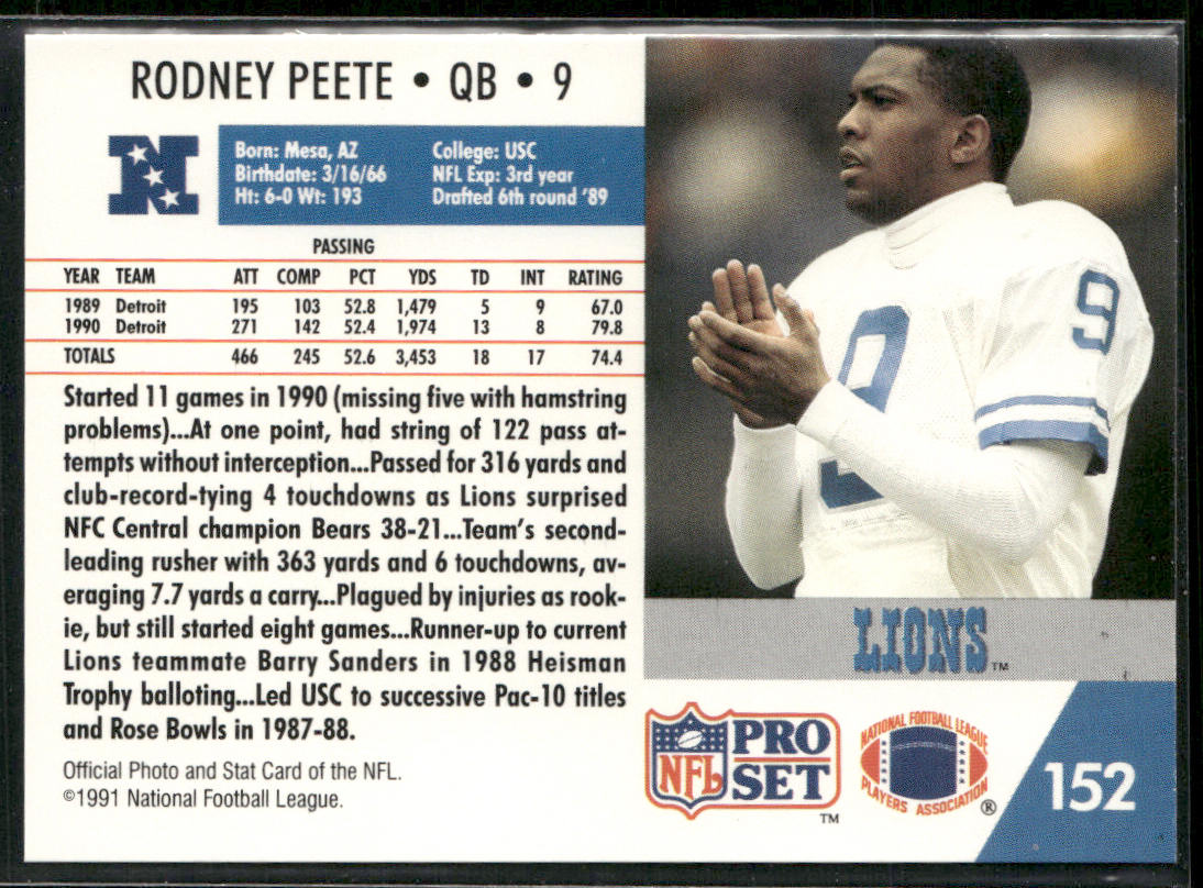 Rodney Peete 1991 Pro Set #152 Detroit Lions
