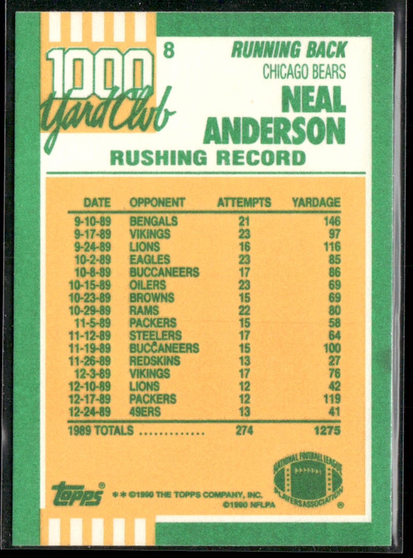 Neal Anderson 1990 Topps 1000 Yard Club #8 Chicago Bears